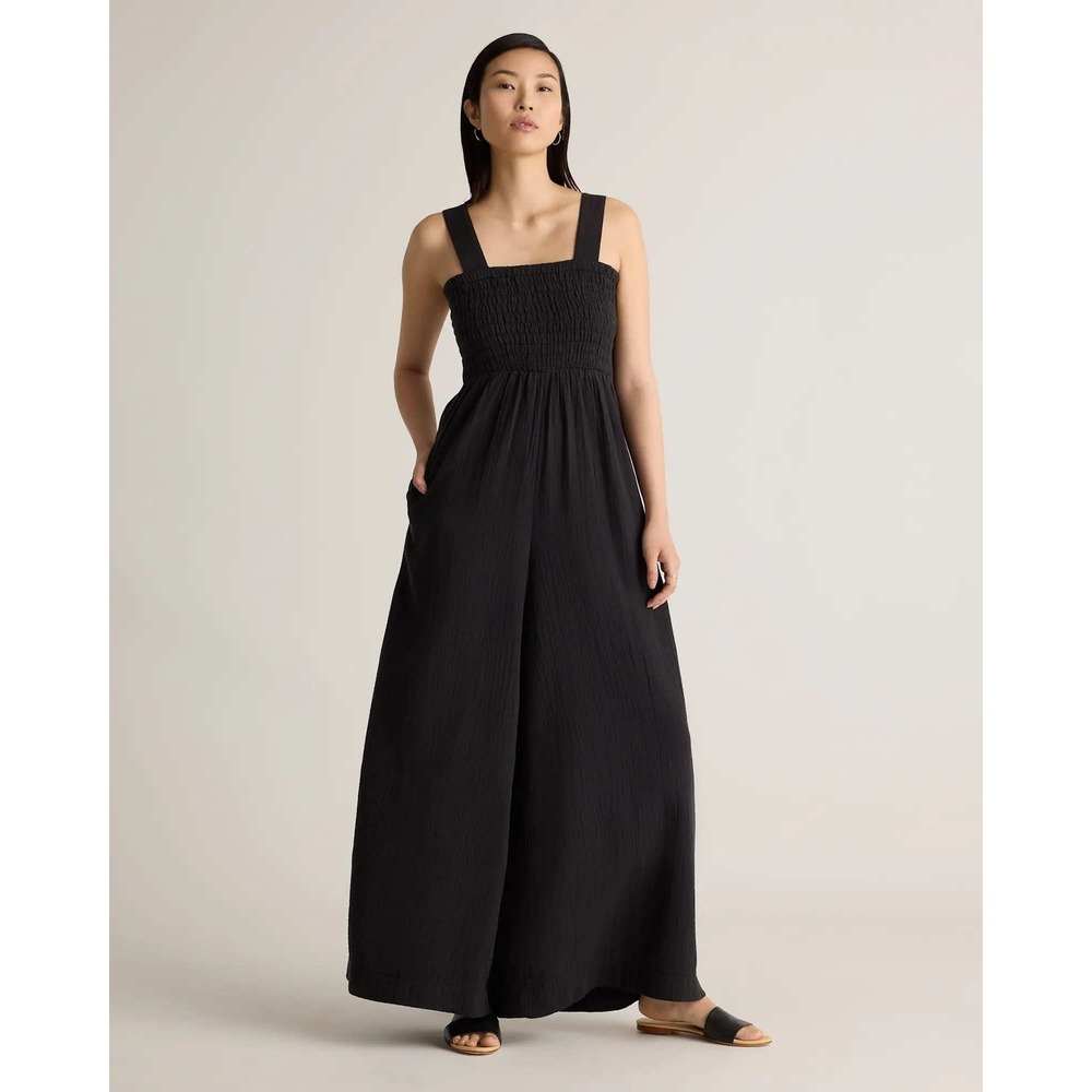 Quince Black Organic Cotton Gauze Smocked Wide Leg Jumpsuit Womens Small